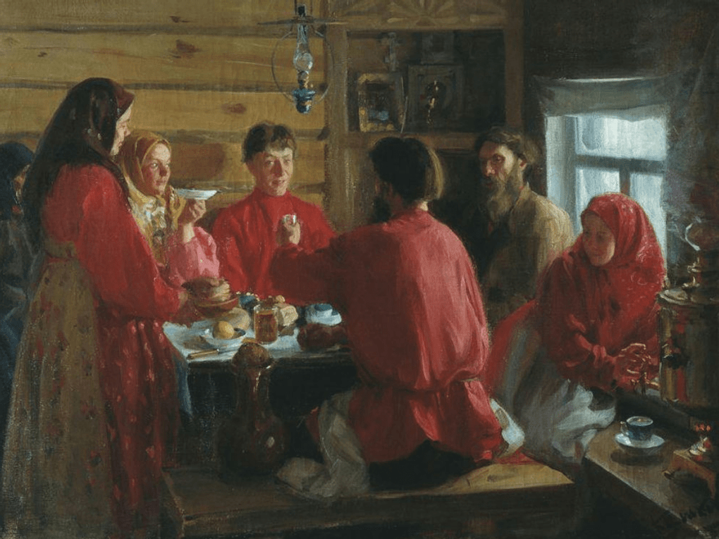 Иван Куликов. В крестьянской избе (фрагмент). 1902. Псковский государственный объединенный историко-архитектурный и художественный музей-заповедник, Псков