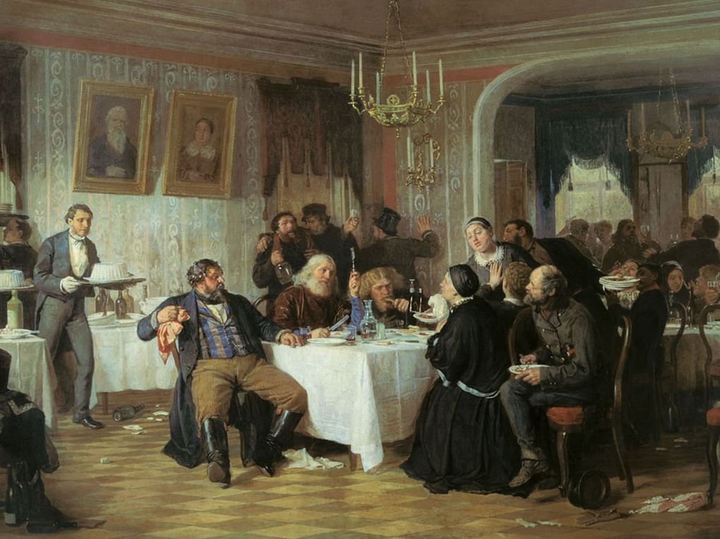 Фирс Журавлев. Купеческие поминки (фрагмент). 1876. Государственная Третьяковская галерея, Москва