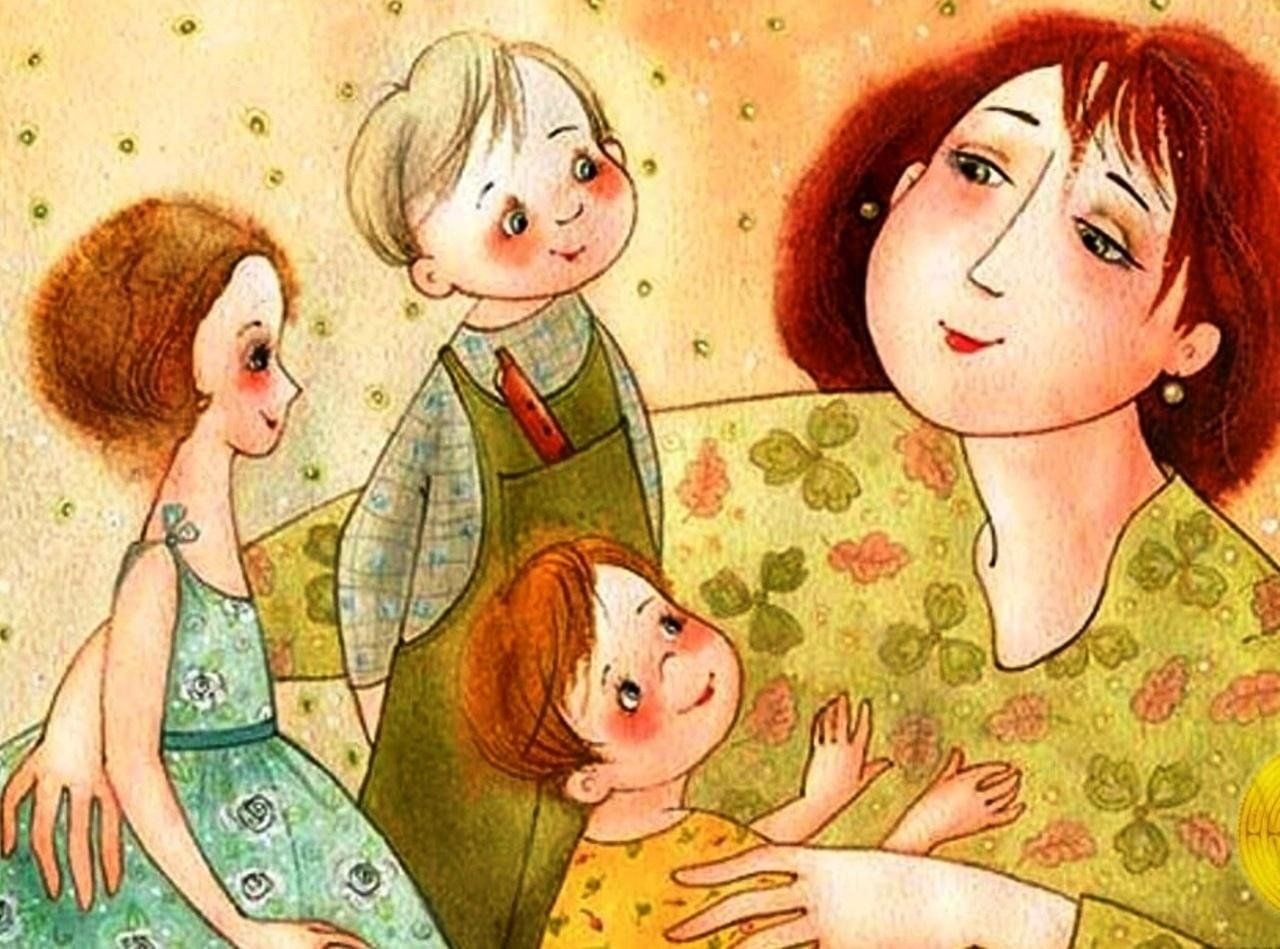 Поздравления с днем мамы многодетной. Рисунки Виктории Кирдий семья. Мама и ребенок иллюстрация. Изображение мамы для детей.