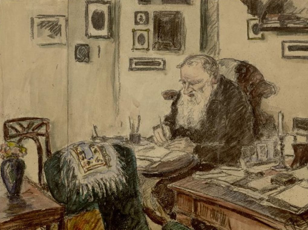 Неизвестный художник. Лев Толстой за столом в кабинете Ясной Поляны (фрагмент). Первая половина ХХ. Государственный музей Л.Н. Толстого, Москва