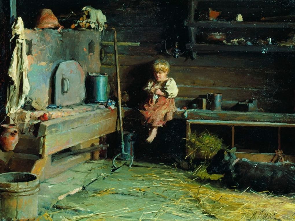 Иван Горохов. В избе (фрагмент). 1895. Переславль-Залесский историко-архитектурный и художественный музей-заповедник, Переславль-Залесский, Ярославская область