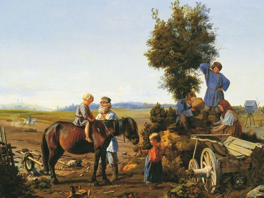 Андрей Попов. Крестьянская семья на пашне (фрагмент). 1854. Ульяновский областной художественный музей, Ульяновск