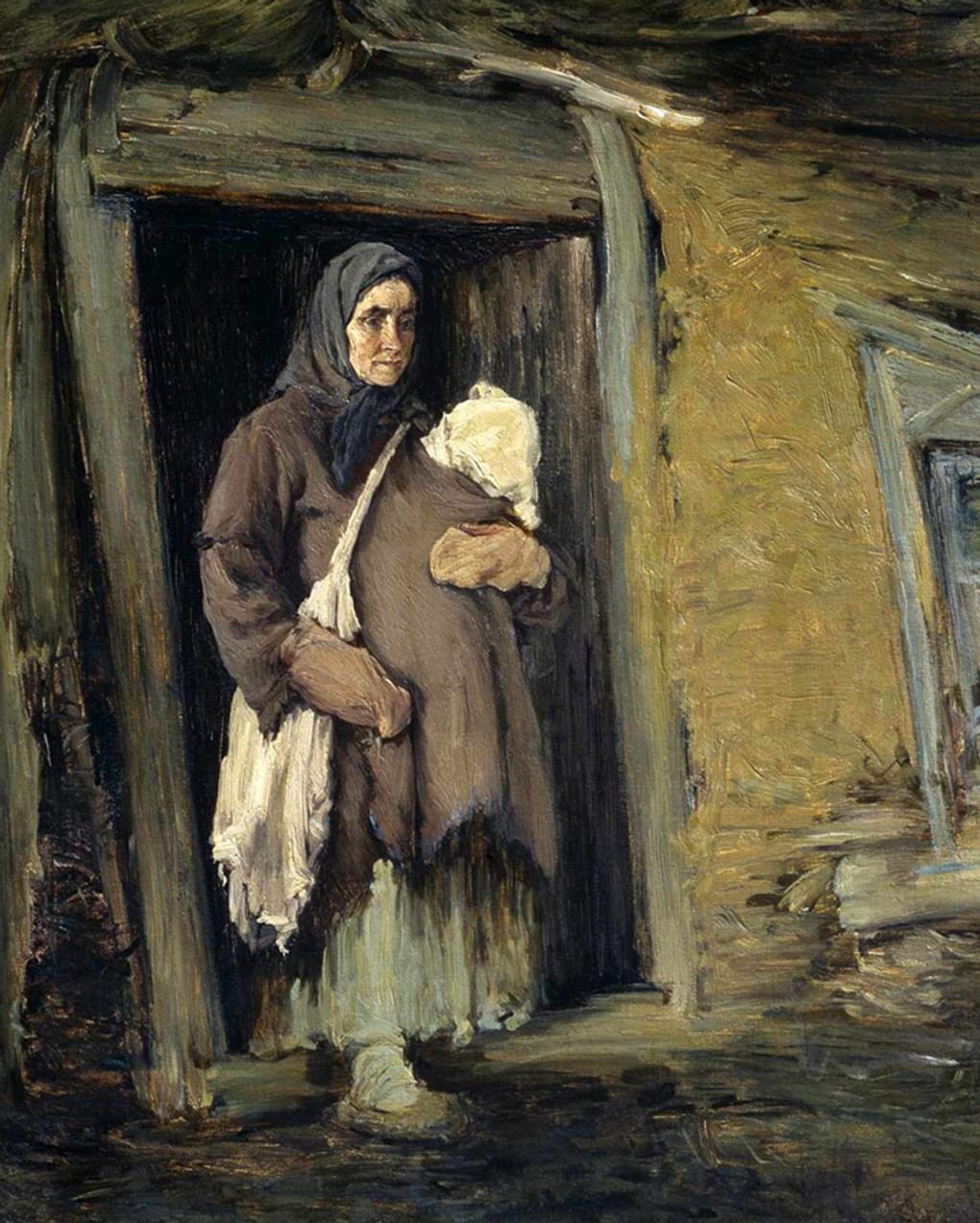 Иван Творожников. Крестьянка, выходящая из избы (фрагмент). XVIII век. Государственная Третьяковская галерея, Москва