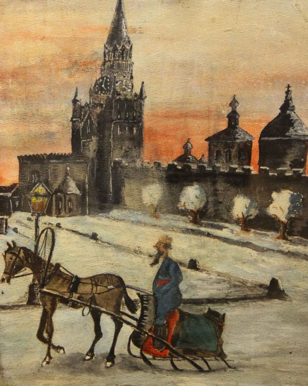 Неизвестный художник. Извозчик на Красной площади (фрагмент). 1947 (?). Дом русского зарубежья им. А. Солженицына, Москва