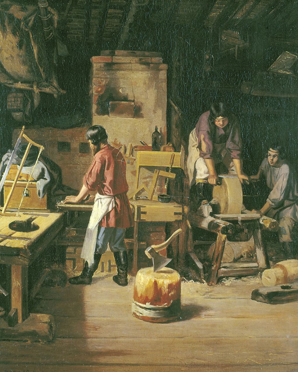 Лавр Плахов. В столярной мастерской (фрагмент). 1845. Государственный исторический музей, Москва