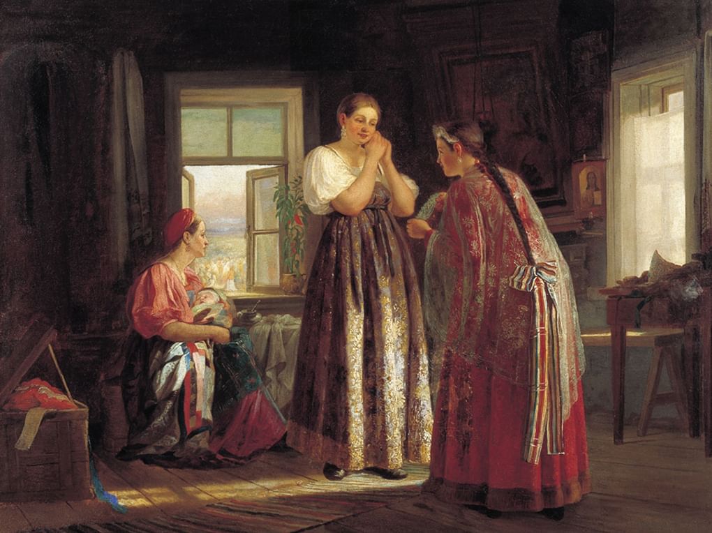 Василий Максимов. Сборы на гулянье (фрагмент). 1869. Государственный музей искусств им. А. Кастеева Республики Казахстан, Алматы, Республика Казахстан