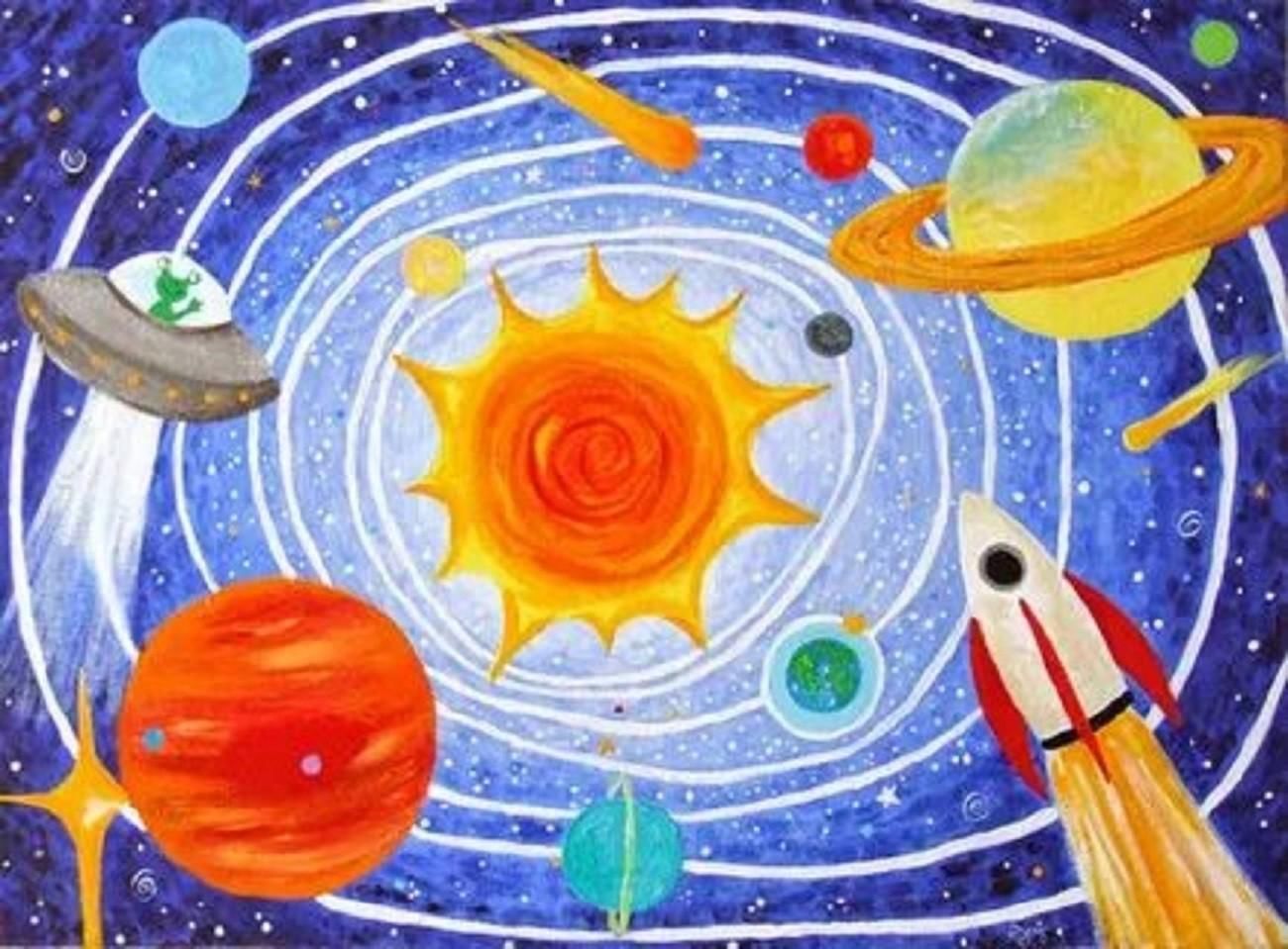Детские картины космоса. Рисование на тему космос. Рисование для детей космос. Рисунок на космическую тему. Солнечная система рисунок.