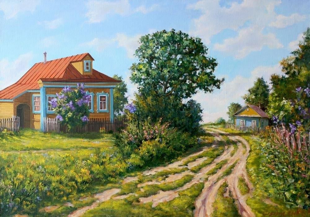 Рисунок деревенька моя