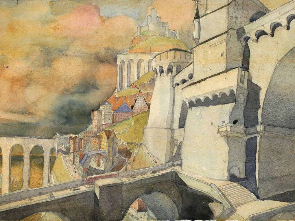 Георгий Гольц. Фантастический город (фрагмент). 1913. Государственный музей изобразительных искусств им. А.С. Пушкина, Москва. Выставка «Города Георгия Гольца», Арсенал Нижегородского кремля, Нижний Новгород