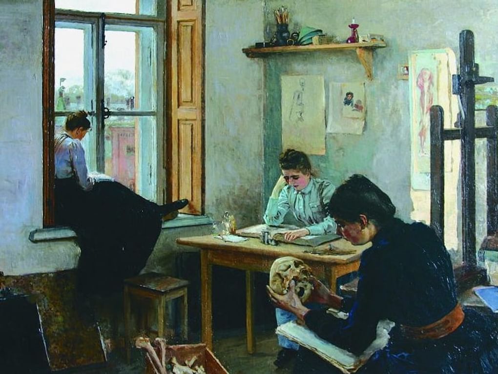 Елена Поленова. Студентки-анатомички (фрагмент). 1870-е (?). Государственный мемориальный историко-художественный и природный музей-заповедник В.Д. Поленова, Страхово, Тульская область
