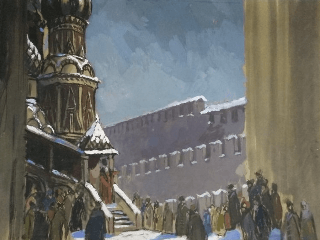 Дмитрий Попов. Эскиз декорации к спектаклю по исторической драме Александра Пушкина «Борис Годунов» (фрагмент). 1949. Государственный музей А.С. Пушкина, Москва