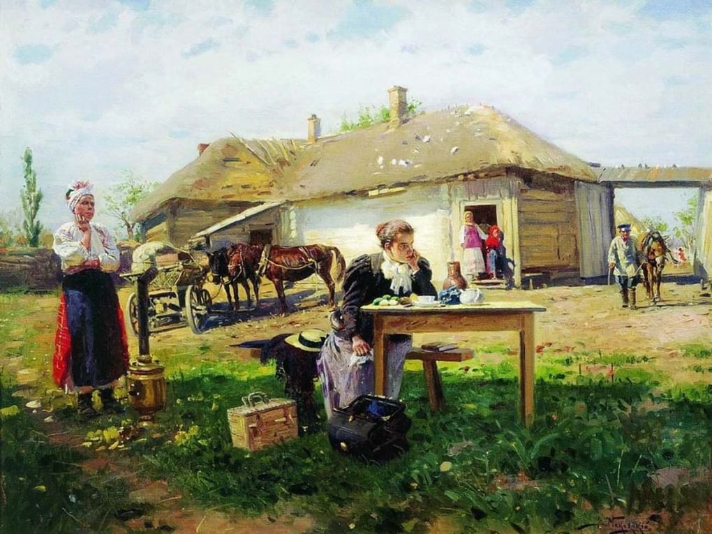 Владимир Маковский. Приезд учительницы в деревню (фрагмент). 1897. Государственная Третьяковская галерея, Москва