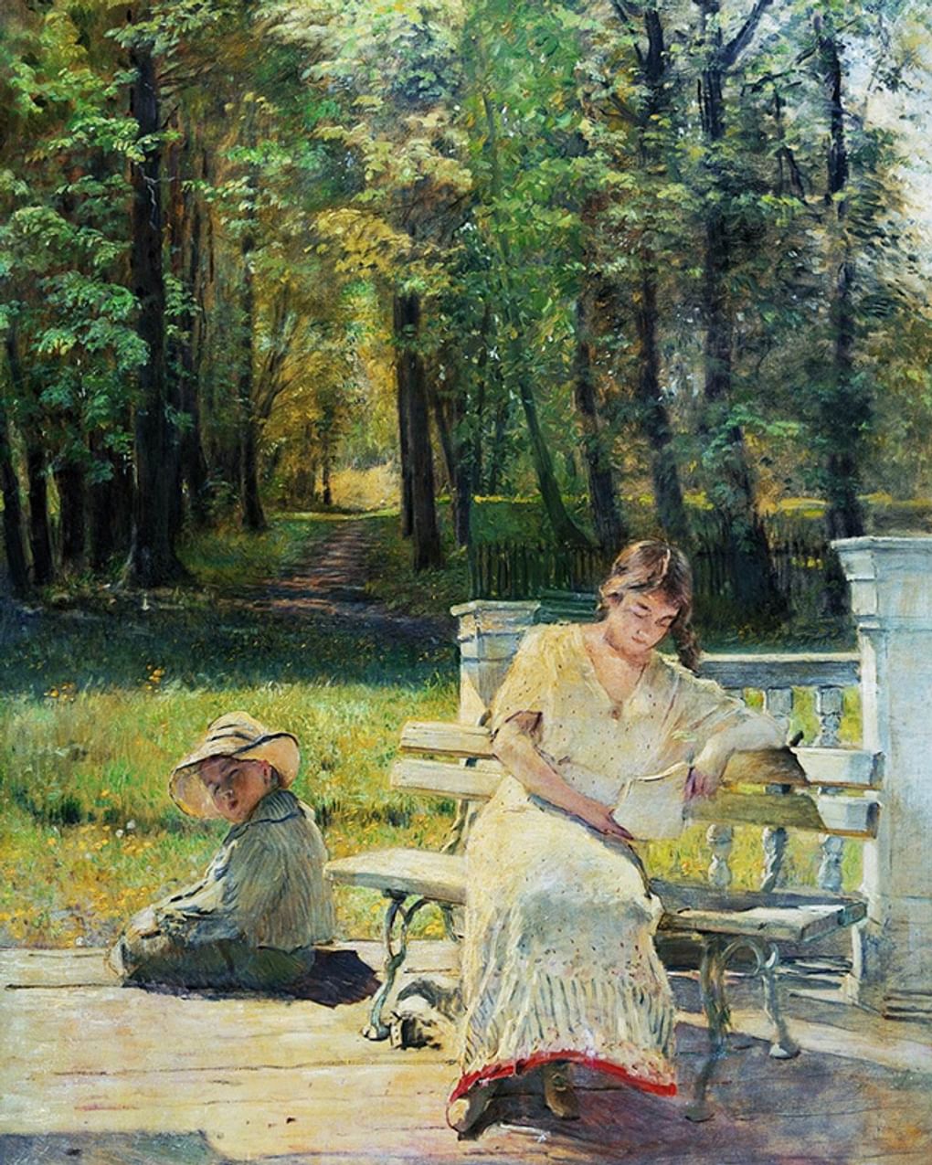 Константин Маковский. Оленька и Коля на крыльце дачи (фрагмент). 1900-е. Частное собрание