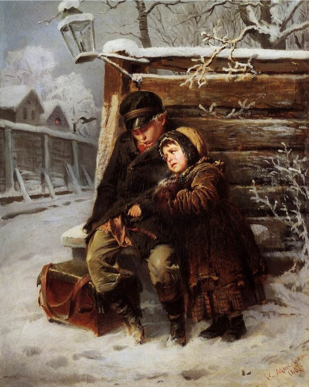 Константин Маковский. Маленькие шарманщики у забора зимой. 1868. Частное собрание