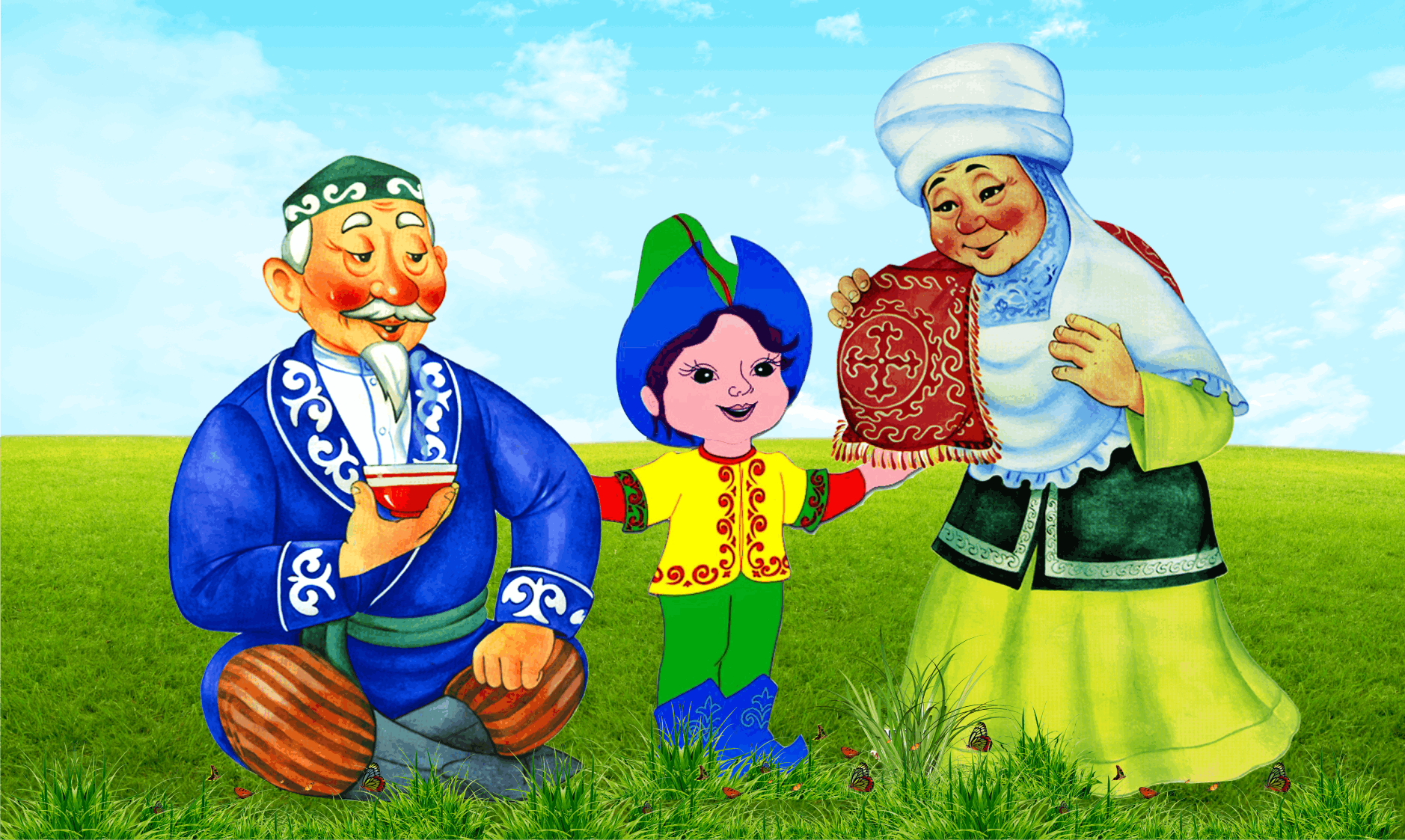 Бейиш казакша. Казахский персонаж. Казахская бабушка с ребенком. Бабушка и дедушка казахи. Казахские сказочные герои.