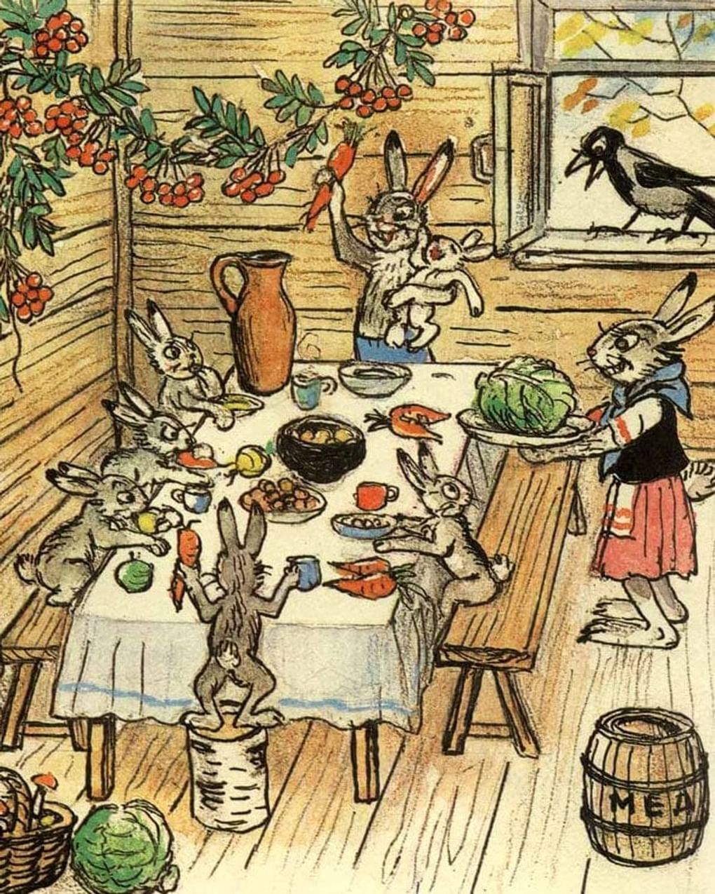 Владимир Сутеев. Иллюстрация к сказке Владимира Сутеева «Мешок яблок». Москва: издательство «Детская литература», 1985