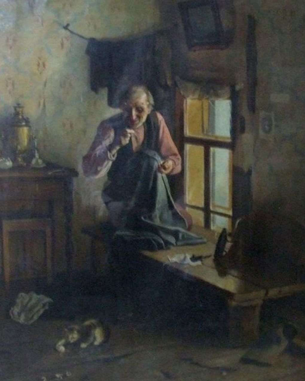 Александр Киселев. Портной и кошечка (фрагмент). 1890-е. Раменский историко-художественный музей, село Раменское, Московская область