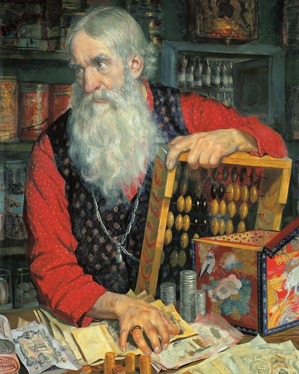 Борис Кустодиев. Купец (Старик с деньгами) (фрагмент). 1918. Научно-исследовательский музей при Российской академии художеств, Санкт-Петербург