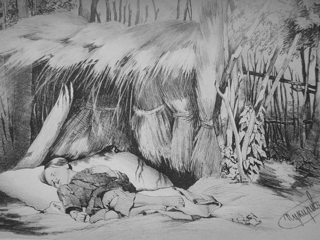 Василий Пукирев. Спящий мальчик. Из альбома «Альбом видов и сцен из русской жизни». 1867. Государственный Русский музей, Санкт-Петербург