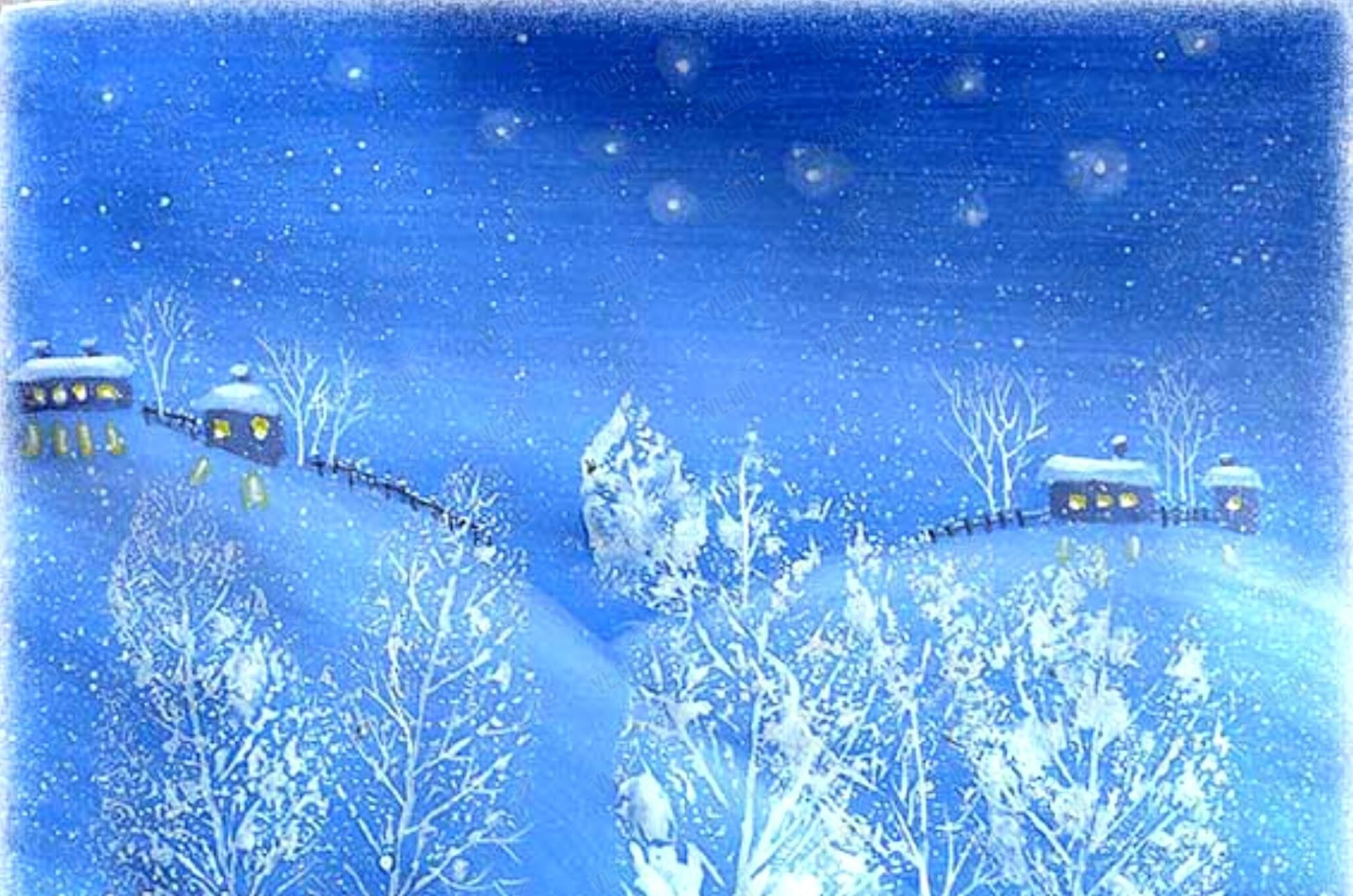 Рисование зимнего пейзажа на синем фоне