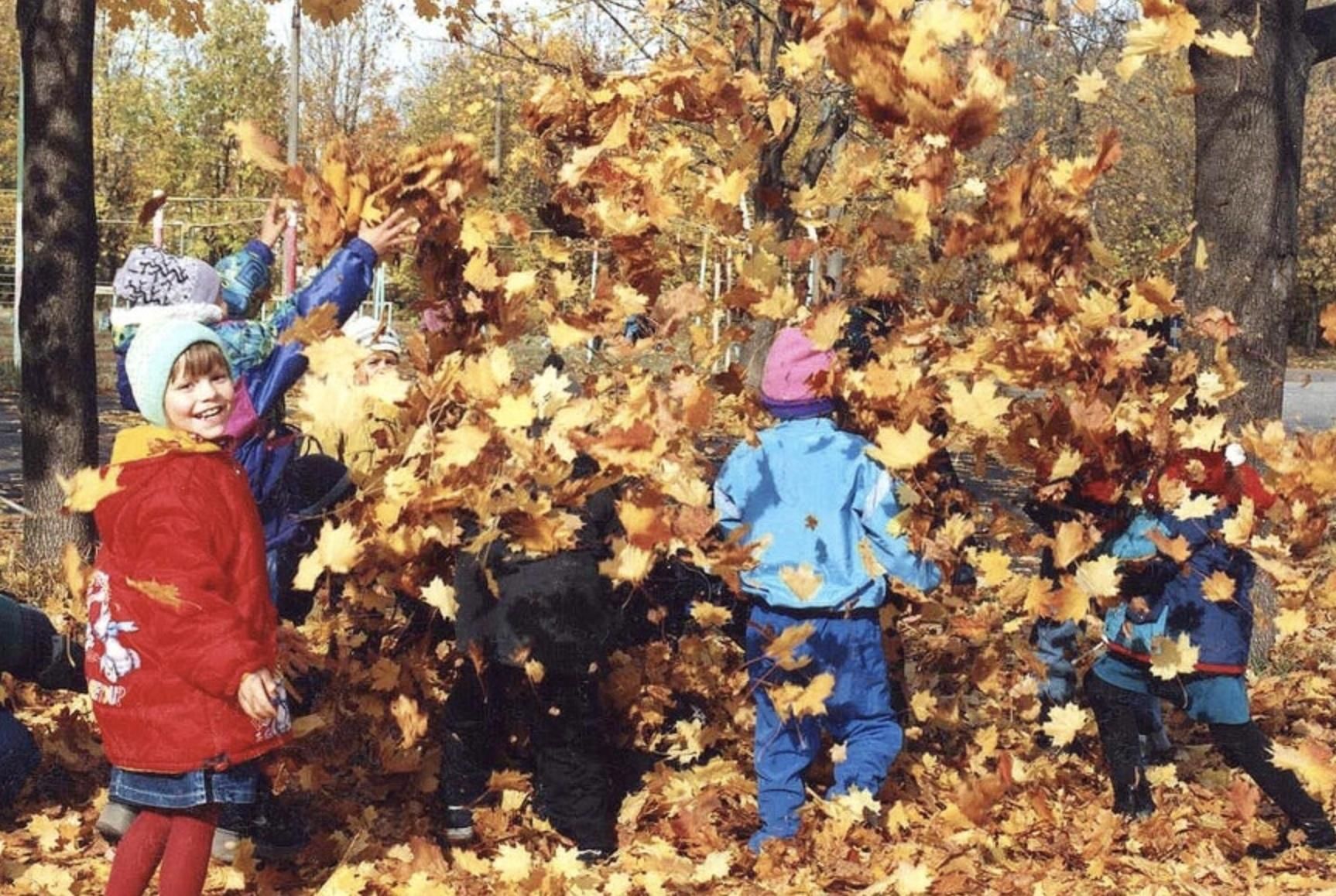 Дети собирают листву