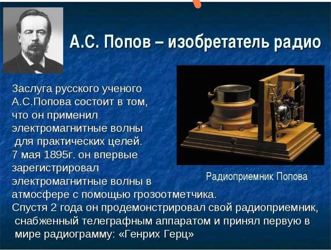 Изобретение человека 19 20 века 3 класс. 1895 Г. – изобретение а. с. Поповым радиосвязи..