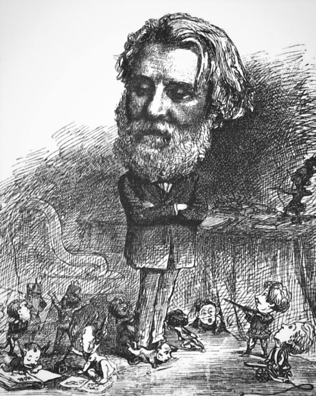 Александр Лебедев. Портрет Ивана Тургенева. Иллюстрация из «Каррикатурного альбома современных русских деятелей». Санкт-Петербург: Картографическое заведение А. Ильина, 1878