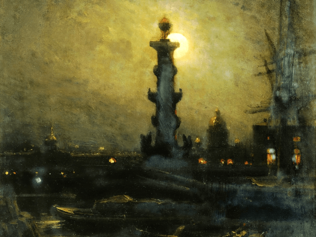 Алексей Боголюбов. Биржа ночью. Петербург (фрагмент). 1878. Cаратовский государственный художественный музей им. А.Н. Радищева, Саратов