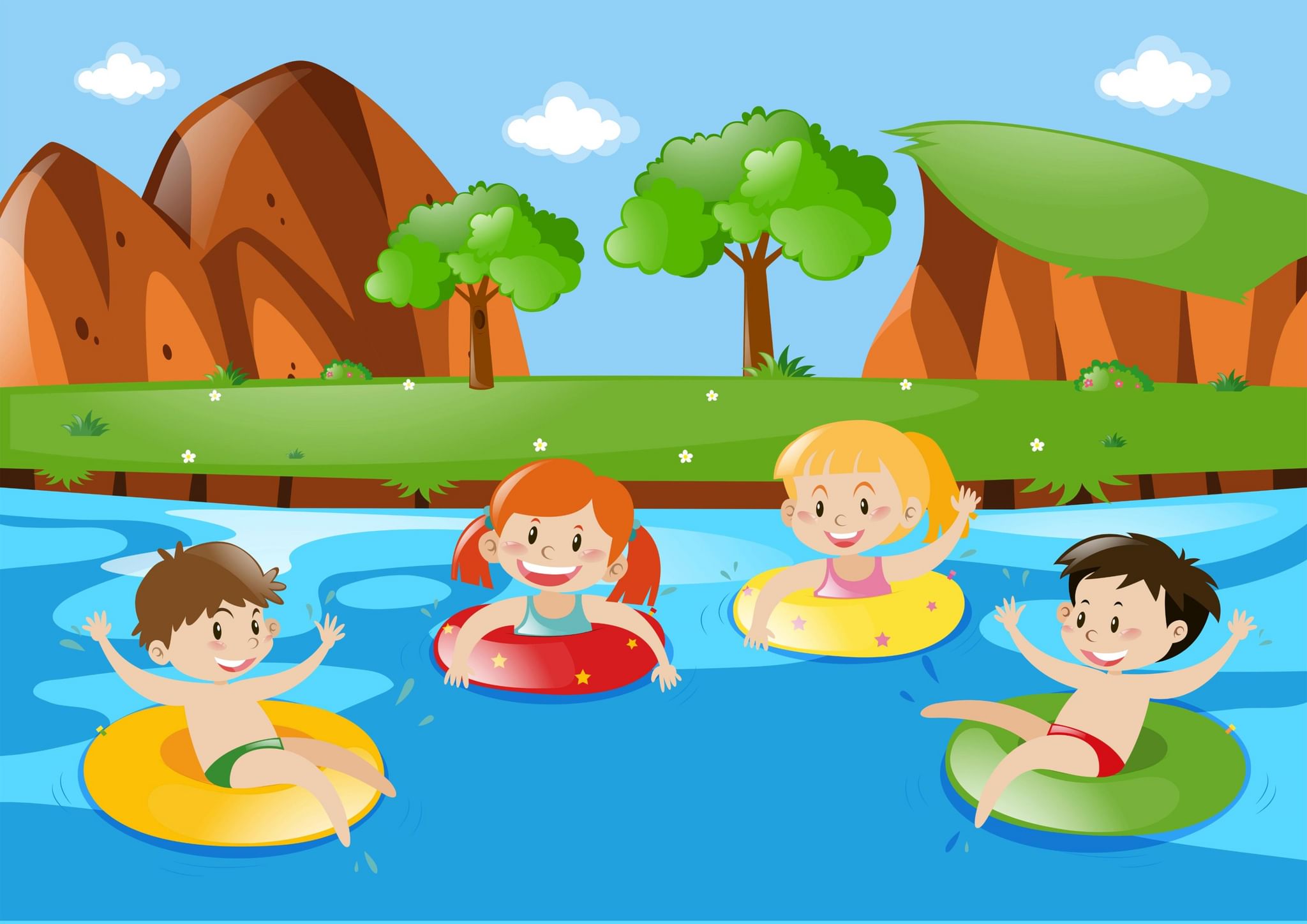 Дети купаются в реке рисунок
