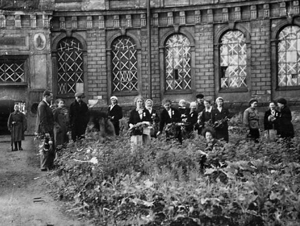Огороды Академии художеств в Круглом дворе. Ленинград, 1944 год. Фотография: <a href="https://artsacademy.ru/additionally/patrioticheskoe-vospitanie/akademiya-khudozhestv-v-gody-vov/" target="_blank" rel="noopener">artsacademy.ru</a>