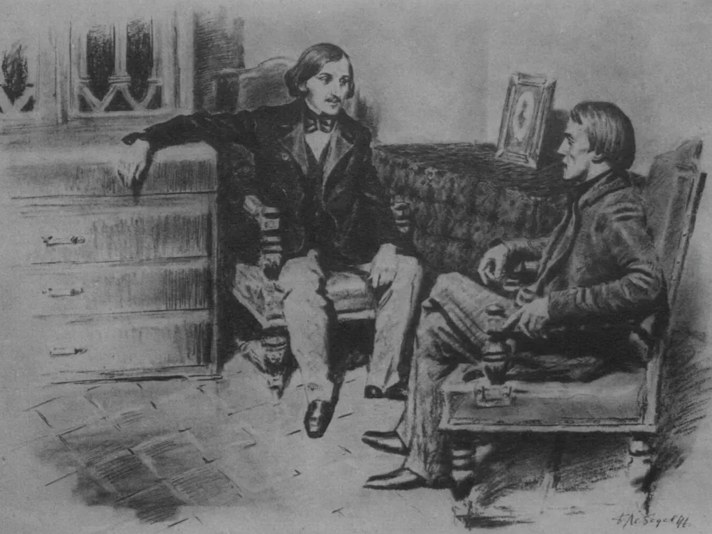 Борис Лебедев. Критик Виссарион Белинский и Николай Гоголь (фрагмент). Открытка из серии «В.Г. Белинский в рисунках Б. Лебедева». Москва: Искусство, 1948