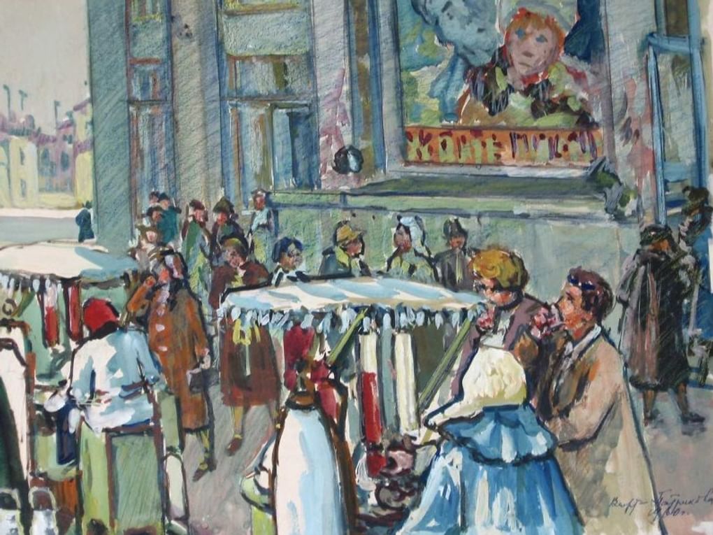 Вера Варт-Патрикова. У кинотеатра «Ударник». Пьют воду. В ожидании киносеанса. 1960. Историко-этнографический музей-заповедник «Шушенское», поселок Шушенское, Красноярский край