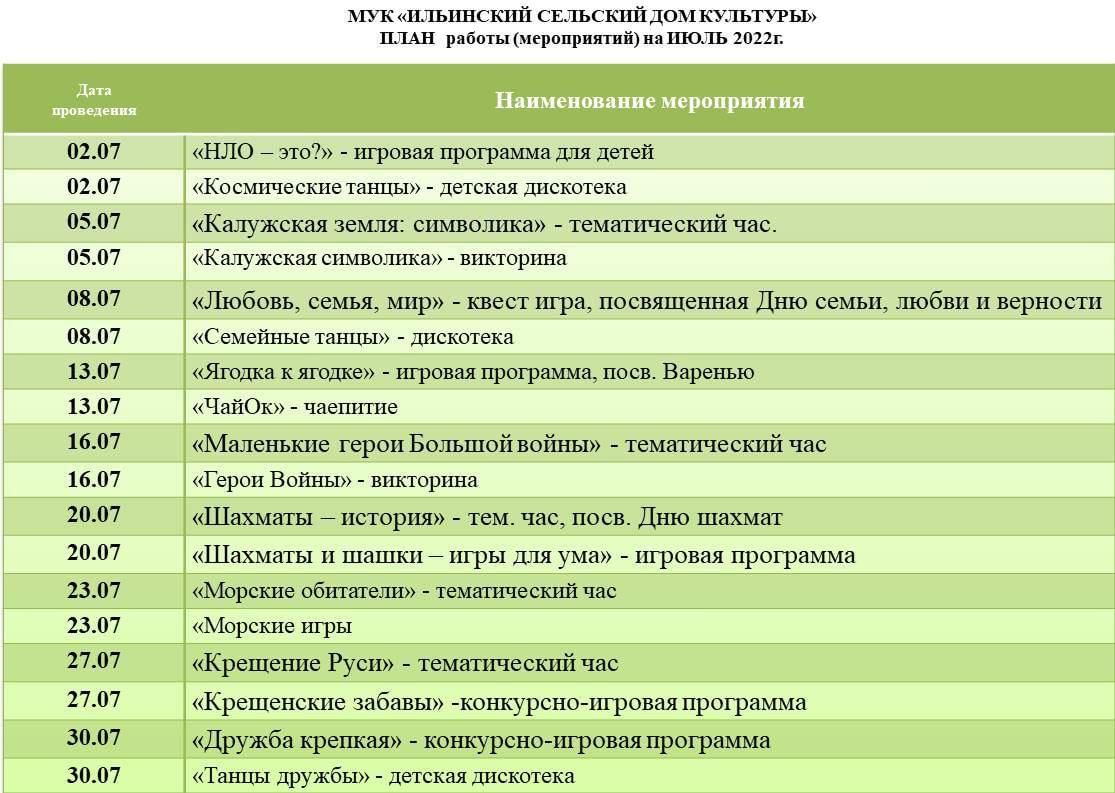 План мероприятий в библиотеке на июль 2022