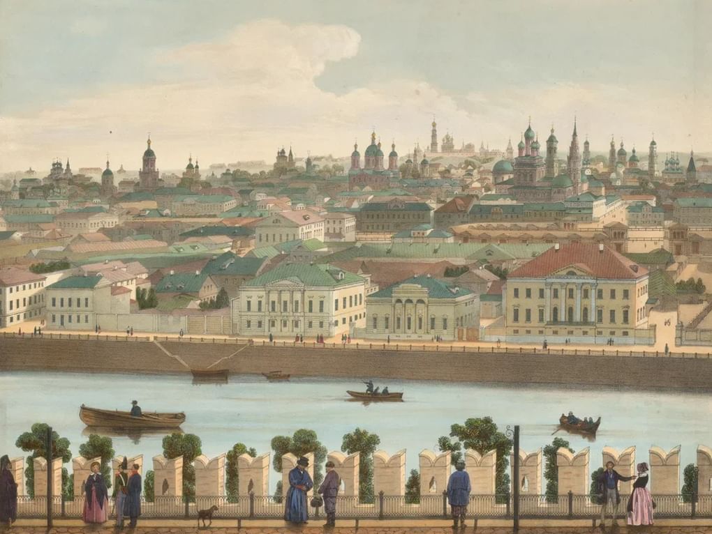 Дмитрий Индейцев. Вид части города, снятый с Кремлевской стены. Видна церковь Вознесения в Кадашах. Лист №5 из альбома «Панорама Кремля и Замоскворечья от Тайницкой башни». 1848. Президентская библиотека им. Б.Н. Ельцина, Санкт-Петербург