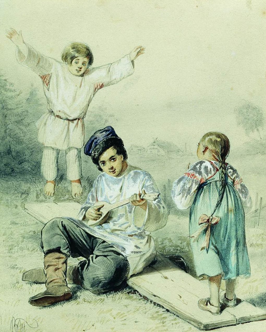 Василий Тимм. Дети качаются на доске (фрагмент). XIX век. Частное собрание
