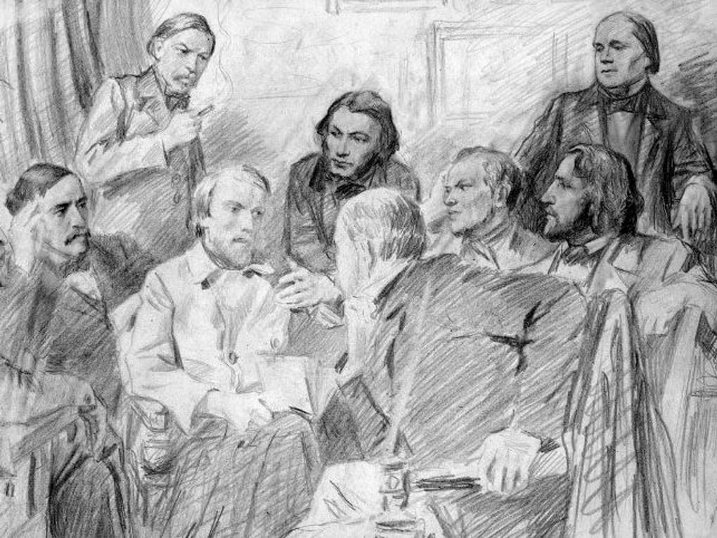 Борис Лебедев. Виссарион Белинский в кругу писателей (фрагмент). Середина XX века. Пензенский государственный краеведческий музей, Пенза