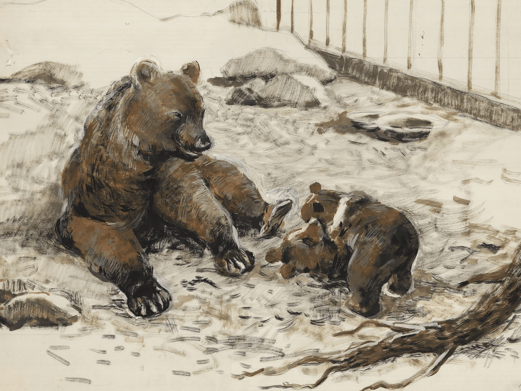 Алексей Комаров. Медведица с медвежатами в зоопарке (фрагмент). 2-я половина XX века. Государственный историко-архитектурный, художественный и ландшафтный музей-заповедник «Царицыно», Москва. Изображение предоставлено организаторами