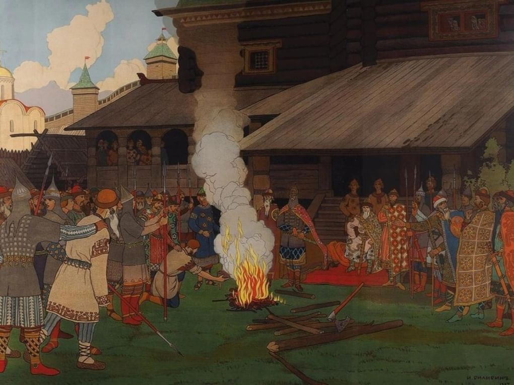 Иван Билибин. Суд во времена Русской Правды (фрагмент). Лист №5 из серии «Картины по русской истории». 1909. Частное собрание