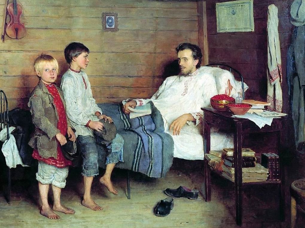 Николай Богданов-Бельский. У больного учителя (фрагмент). 1897. Государственная Третьяковская галерея, Москва