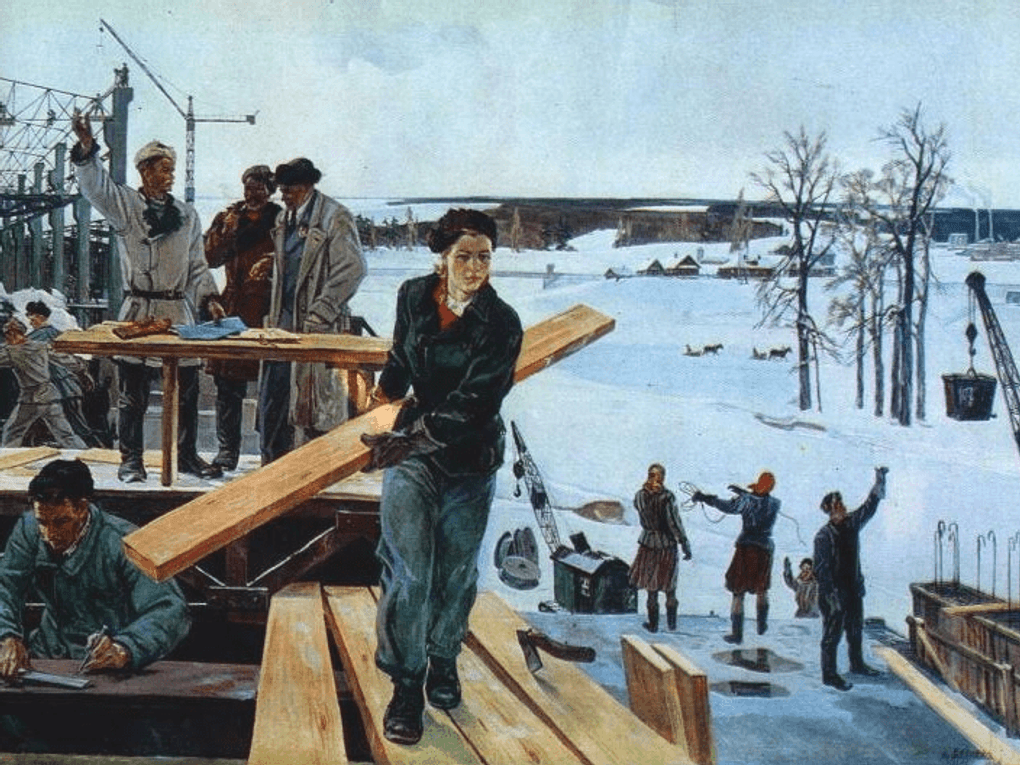 Александр Дейнека. На просторах подмосковных строек (фрагмент). 1949. Государственная Третьяковская галерея, Москва