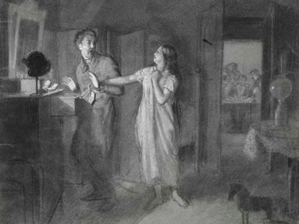 Павел Федотов. Домашний вор (Муж-вор) (фрагмент). 1851. Государственный Русский музей, Санкт-Петербург