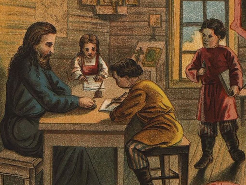 Неизвестный художник. Обучение письму у дьячка (фрагмент). 1870-е. Государственный исторический музей, Москва