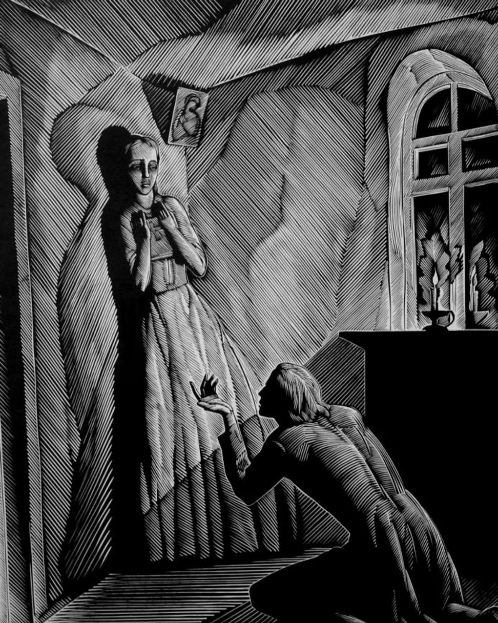 Станислав Косенков. У Сонечки. Иллюстрация к роману Федора Достоевского «Преступление и наказание». 1971. Государственный музейно-выставочный центр «РОСИЗО», Москва