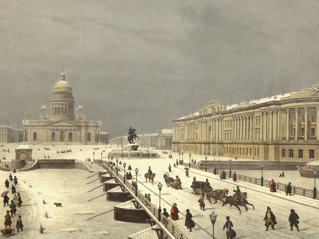 Луи Пьер-Альфонс Бишебуа и Жан-Виктор Адам. Мосты. Петербург. Вид на Исаакиевский мост и Сенатскую площадь. 1840-е. Государственный музей А.С. Пушкина, Москва