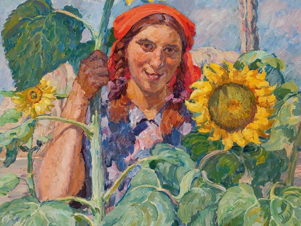 Илья Машков. Девушка с подсолнухами. Портрет Зои Андреевой (фрагмент). 1930. Частное собрание