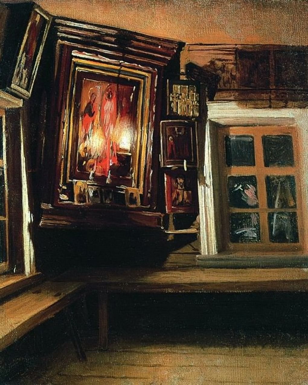 Василий Максимов. Красный угол в избе (фрагмент). 1869. Государственный Русский музей, Санкт-Петербург