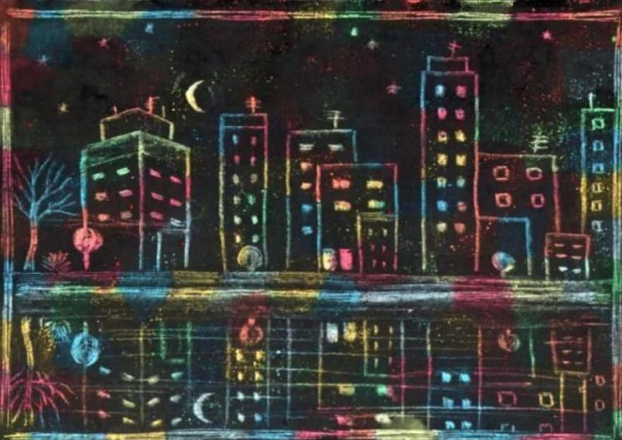 Техника рисования граттаж ночной город
