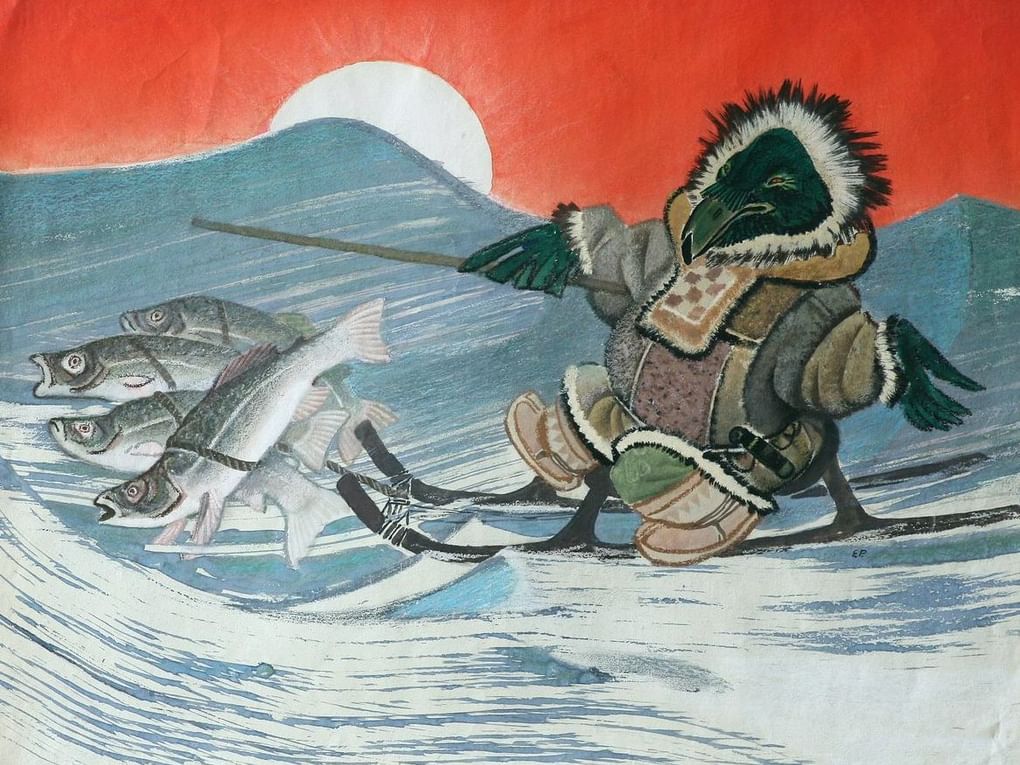 Евгений Рачев. Иллюстрация к ительменской народной сказке «Ворон Кутха». 1974. Тульский областной художественный музей, Тула