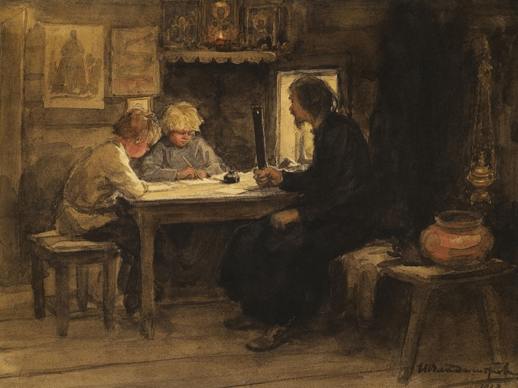 Иван Владимиров. На уроке грамоты у дьячка (фрагмент). 1913. Частное собрание