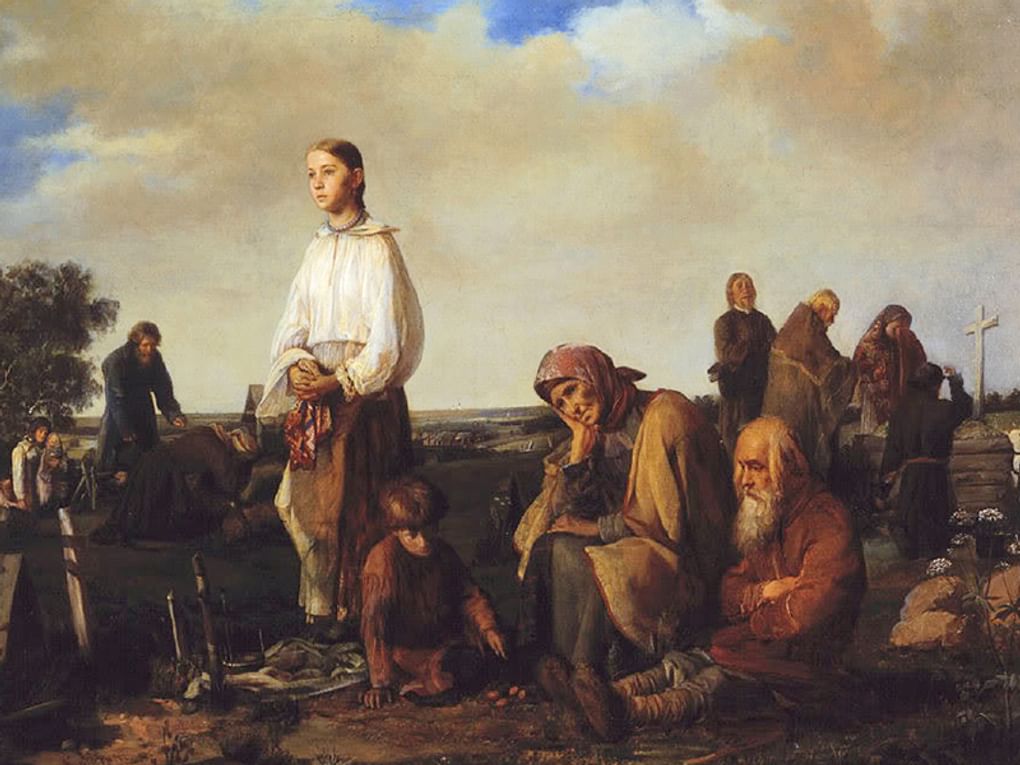 Алексей Корзухин. Поминки на деревенском кладбище (фрагмент). 1865. Государственный Русский музей, Санкт-Петербург